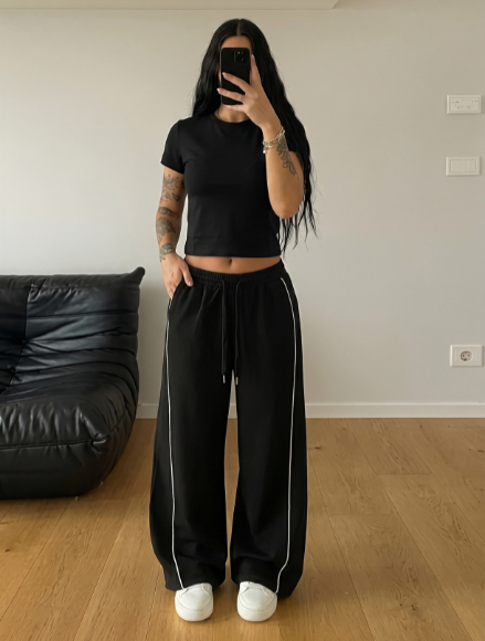 Cross Piping Loose Fit Trouser - Black
