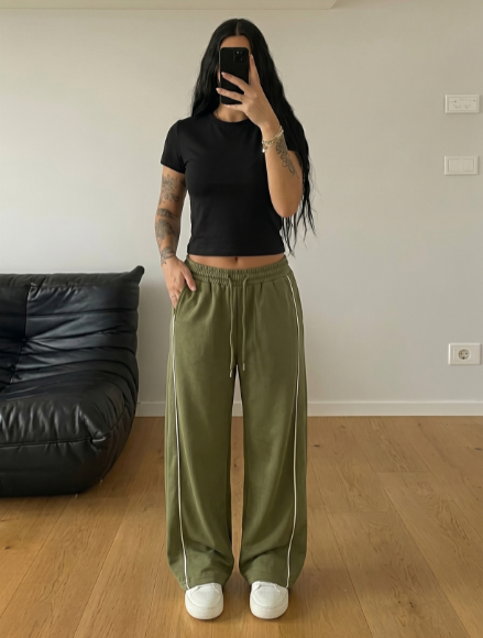Cross Piping Loose Fit Trouser - Olive Green